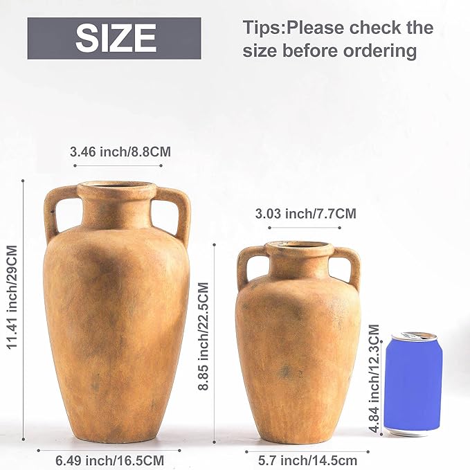 Large Ceramic Vase with 2 Handles, 11.41 inch Terracotta Rustic Farmhouse Vase for Home Decor, Wide Mouth, Living Room Shelf Decor, Enterway, Wedding, Table Decoration