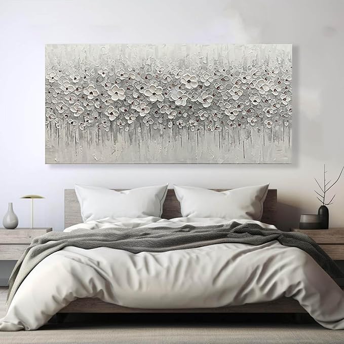 Large Canvas Wall Art for Living Room White Flowers Picture Hand-Painted Oil Painting Framed Artwork Modern Gallery Plant Decor Wall Decorations for Bedroom Bathroom Size 60x30 inch Ready to Hang