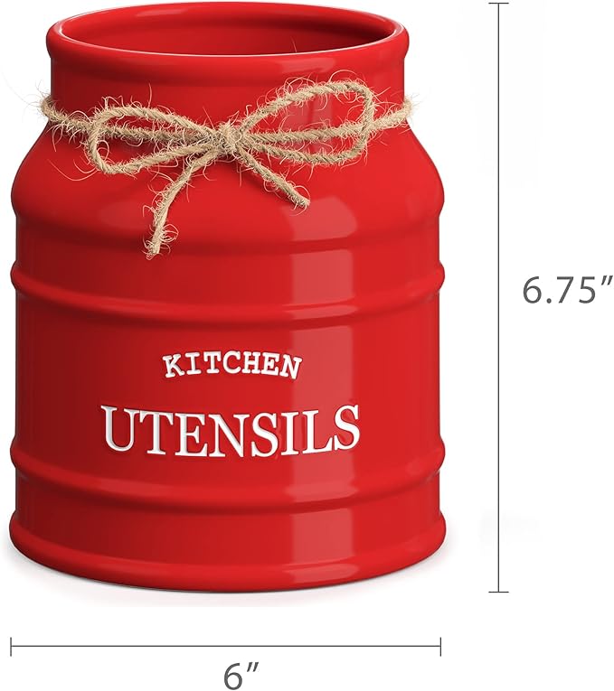 Barnyard Designs Ceramic Farmhouse Utensil Holder for Kitchen Counter, Large Rustic Utensil Crock, Countertop Cooking Tool Spatula Organizer, 6.75” (Red)
