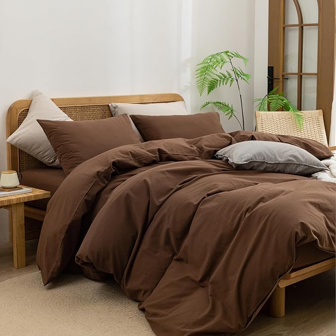 BESTOUCH Duvet Cover Set 100% Washed Cotton Linen Feel Super Soft Comfortable Chic Lightweight 3 PCs Home Bedding Set Solid Cocoa Brown Oversized Queen