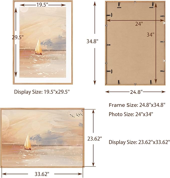 Fun Memories Rustic Oak Wood Picture Frame - 24x34 with Real Glass, Mat for 20x30, Natural Oak Color, 1 Pack