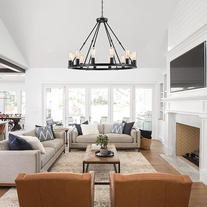 9MMML 12 Lights Black Wagon Wheel Chandelier, Industrial Farmhouse Globe Kitchen Island Pendant Light, Globe Dining Room Lights Fixtures for Foyer Entryway Living Room. E26, Height Adjustable,31.5".