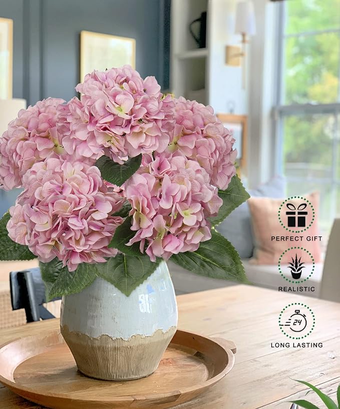 Pink Hydrangea Artificial Flowers Large Artificial Hydrangeas Silk Flowers for Home Decor Indoor Wedding Flowers Bouquets Faux Flowers Kitchen Centerpiece Table Decorations