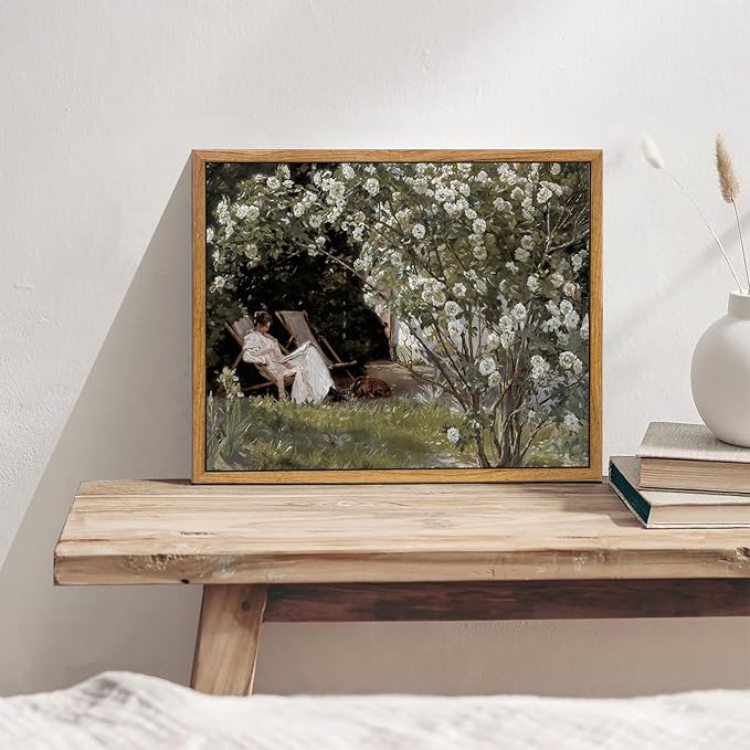 KBKBART Framed Vintage Canvas Wall Art, Retro French Country Garden Women Flower Classical Painting Bedroom Art Print, Rustic Vintage Wall Decor Ready To Hang for Bathroom, Living Room, Office,