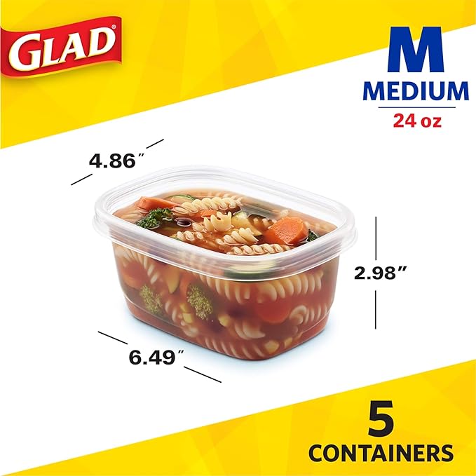 Glad Soup & Salad Food Storage Containers, Medium Rectangle (24 Oz) - (Pack of 6, 30 Count) | Strong and Durable Food Containers from Glad for Everyday Use | 24 Oz Food Storage Containers