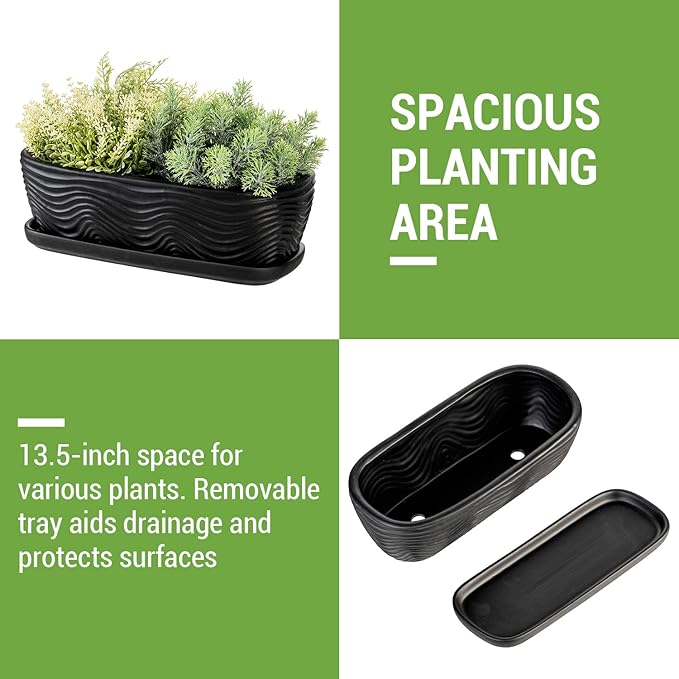 MyGift 13.5 inch Succulent Planter Pot, Oval Modern Ceramic Plant Box Container with Wave Textured Pattern and Removable Saucer Drip Tray (Black)