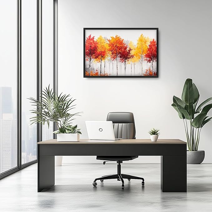 Fall Forest Framed Wall Art for Living Room, Large Red Trees Canvas Wall Decor, Red Leaf Landscape Pictures Painting, Modern Artwork for Living Room Bedroom 36L'' × 24W''