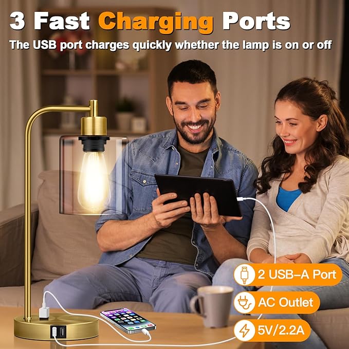 Industrial Touch Table Lamps Set of 2-2 USB Ports & AC Outlet Nightstand Lamps, 3-Way Dimmable Bedside Desk Lamp for Living Room Bedroom, Glass Shade & 2 LED Bulbs Included - Brass