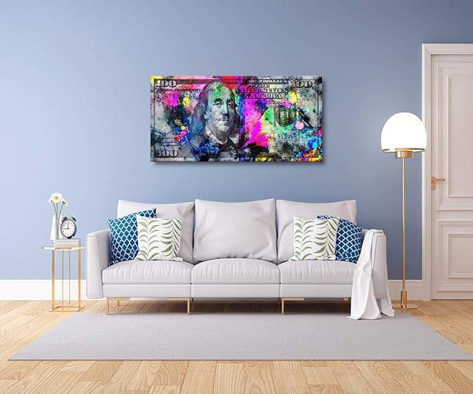 Motivational Canvas Office Art Print Large Size Wooden Framed 100 Bill Cash Benjamin Franklin Dollar Print HD Print Colorful Money Pop Artwork for Bathroom Kitchen Decor Ready to Hang-48 Wx24 H