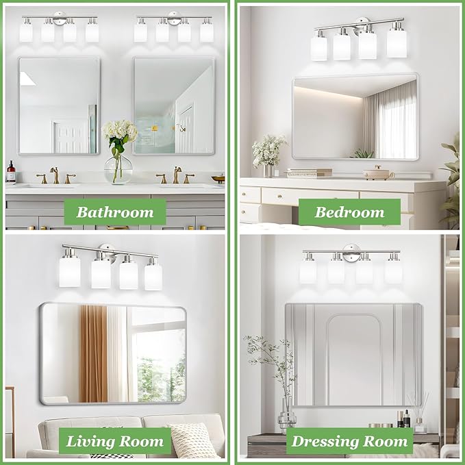 4-Light Brushed Nickel Vanity Lights for Mirror, Bathroom Light Fixtures with Textured Milky White Glass Shade, Modern Kitchen Light Fixtures Wall Sconce Light - E26 Base