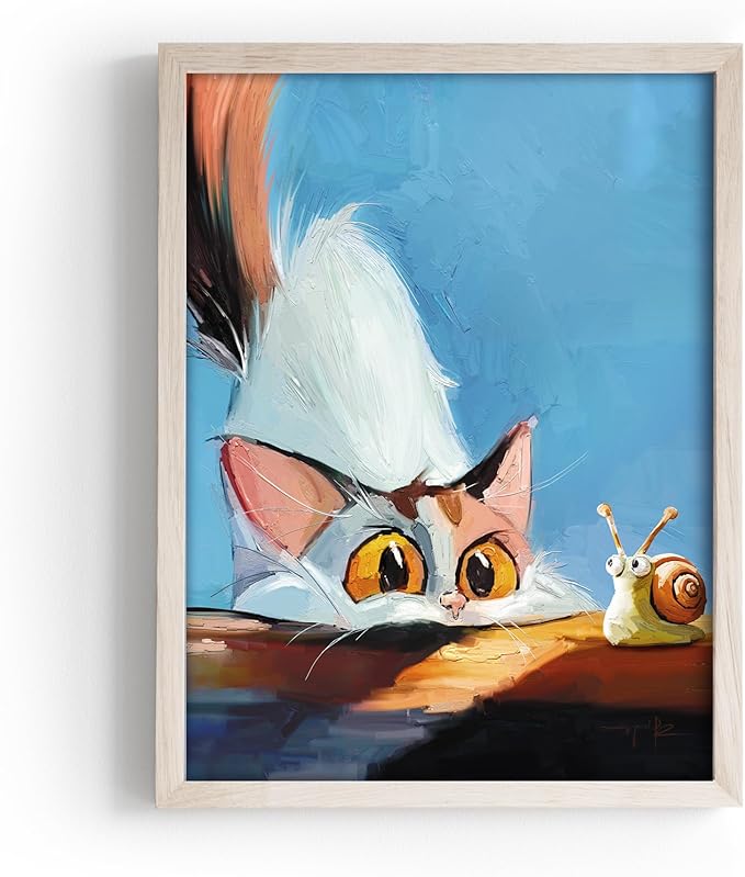 TimAsh Unframed Funny Cat Wall Art Cat Staring at Snail Canvas Wall Decor Cartoon Cute Kitten Poster Painting Prints for Bedroom Bathroom Living Room 16'' x 12''