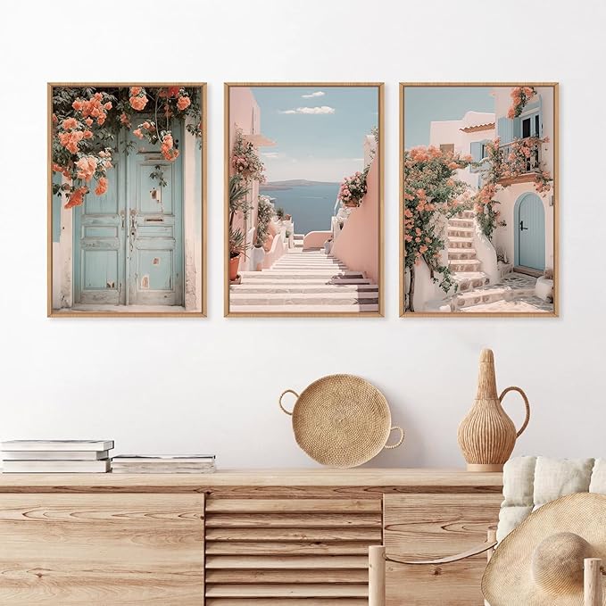 KAIRNE Italian Mediterranean Coastal Framed Canvas Wall Art, Pink Blue & White Seascape Painting for Beach House Decor, Luxury Italian Seaside Landscape for Living Room, Bedroom, Office - 24x36 Inch