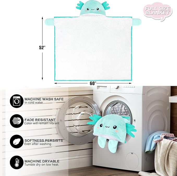 Axolotl Wearable Hooded Blanket for Adults - Super Soft Warm Cozy Plush Flannel Fleece & Sherpa Hoodie Throw Cloak Wrap - Axolotl Gifts for Women Adults and Kids