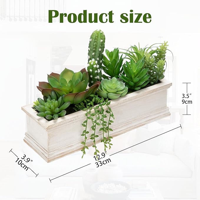 Artificial Succulents Fake Plants in White Rectangular Wooden Pots 12.9"W Artificial Potted Succulents Faux Plants Arrangement for Table Centerpiece Farmhouse Shelf Mantel Tropical Greenery Decor