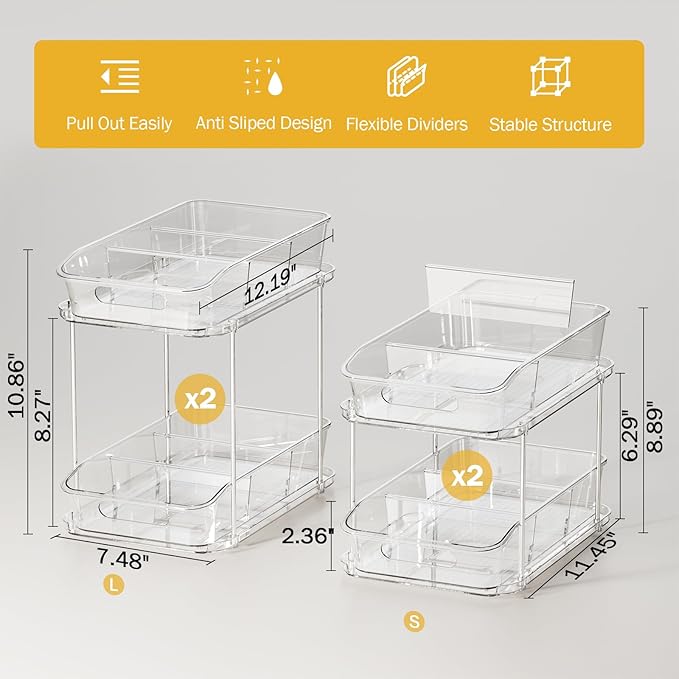Delamu 4 Pack Bathroom Organizers and Storage, 2 Tier Clear Under Sink Organizer, Pull Out Medicine Cabinet Organizer