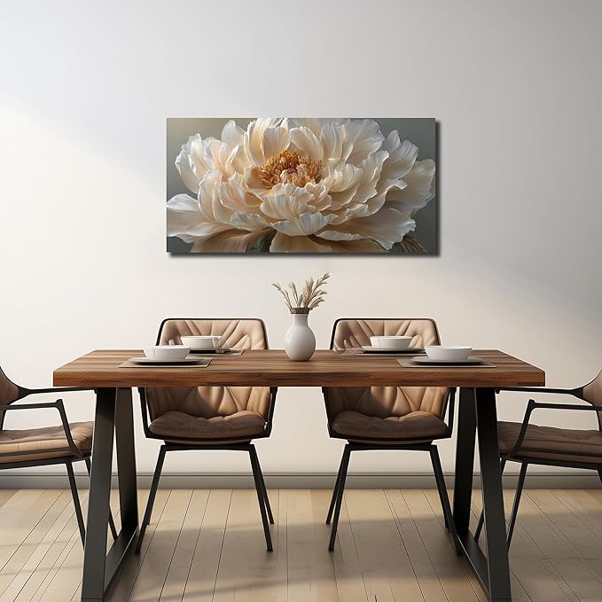 Ouzzlie Flower Canvas Wall Decor for Bedroom Living Room Office White Wall Art Floral Picture Art Light Yellow Peony Modern Artwork Posters 20"x40"
