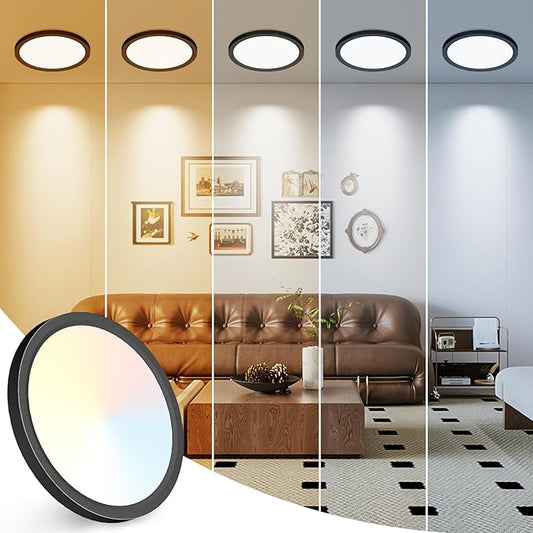 Peasur 7 inch LED Ceiling Light, 3000K/3500K/4000K/5000K/6500K Adjustable Flush Mount Light Fixture,1500LM 15W Thin Black Round Lamp for Hallway Kitchen Bathroom Bedroom