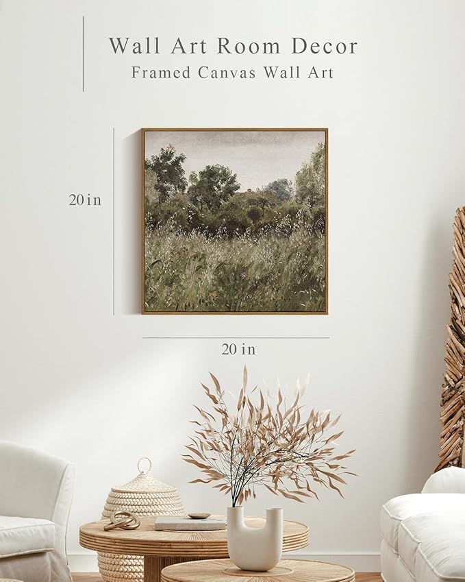 InSimSea Square Framed Canvas Wall Art, Large Decor Field of Oats Grassland Paintings, Nature Scenery Wall Pictures for Bedroom Living Room, Canvas Prints Vintage Country Decor 20"x20"