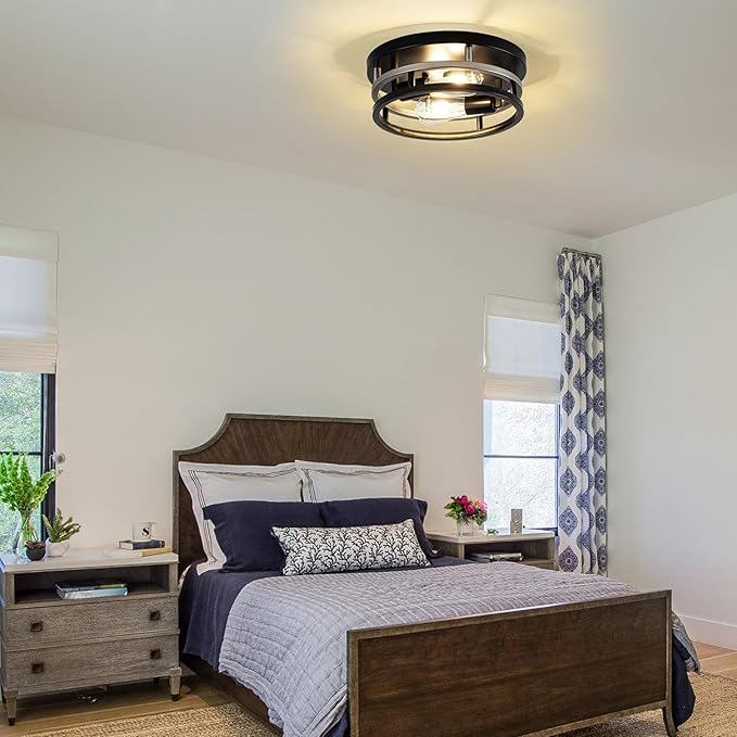 2 Light Industrial Ceiling Light Black Nickel Semi Flush Mount Lights Close to Ceiling Light Fixtures,cage design Farmhouse Ceiling Lighting for Kitchen Bedroom Bathroom Foyer Hallway (E26, 1Pack)