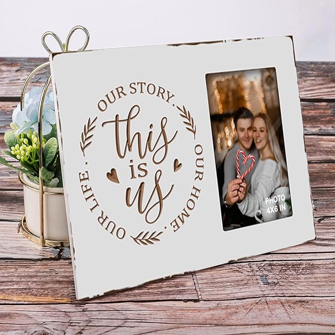 Buecasa White Rustic Engraved This Is Us Picture Frames 4x6 Inches Tabletop - Carving Housewarming Wedding Couples Romantic Gifts - Farmhouse Family Love Quotes New Home Decor