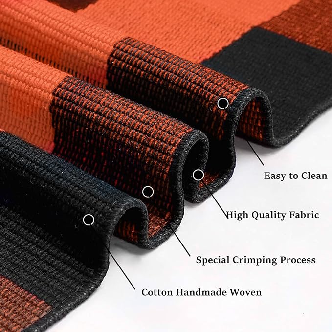 KOZYFLY Buffalo Plaid Rug 4x6 Ft Orange and Black Outdoor Rugs Washable Checke Orange Rug Cotton Hand-Woven Halloween Door Mat Outdoor Indoor Fall Area Rugs for Front Door Patio Kitchen Bedroom