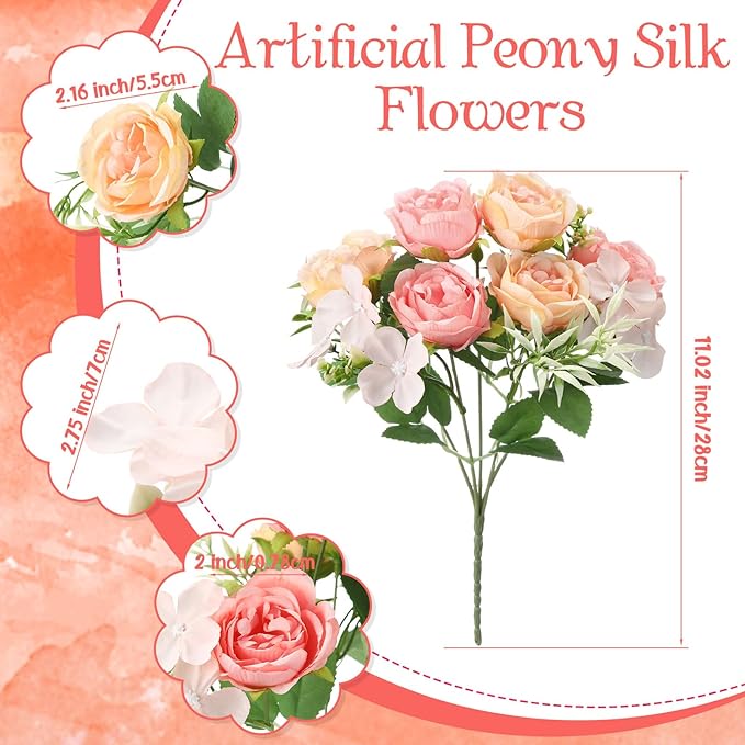 Geosar 8 Bundles Artificial Peonies Flowers Fake Silk Peony Bouquet Faux Peonies Flowers Bulk for Decoration Vase Florals Arrangements Wedding Party Table (Pink,Yellow)