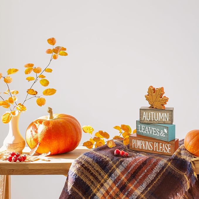 4 Pcs Fall Decor Fall Table Centerpiece Decorations Wooden Maple Leaf Autumn Tiered Tray Rustic Wood Maple Leaf Block Sign Thanksgiving Table Signs Farmhouse for Home Shelf