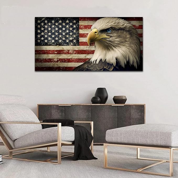 yearainn American Flag Wall Art - Flag of USA with Eagle Canvas Pictures for Wall Decor Patriotic Canvas Printing Artwork Vintage Rustic Design for Living Room Home Office Wall Decoration 29" x 58"