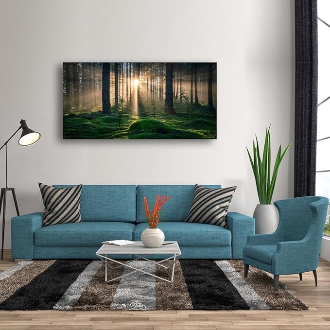 Sunrise Landscape Canvas Wall Art - 24x48 Inches - Tree and Forest Picture Artwork for Living Room and Bedroom Wall Decoration - Nature Painting Prints for a Serene Atmosphere