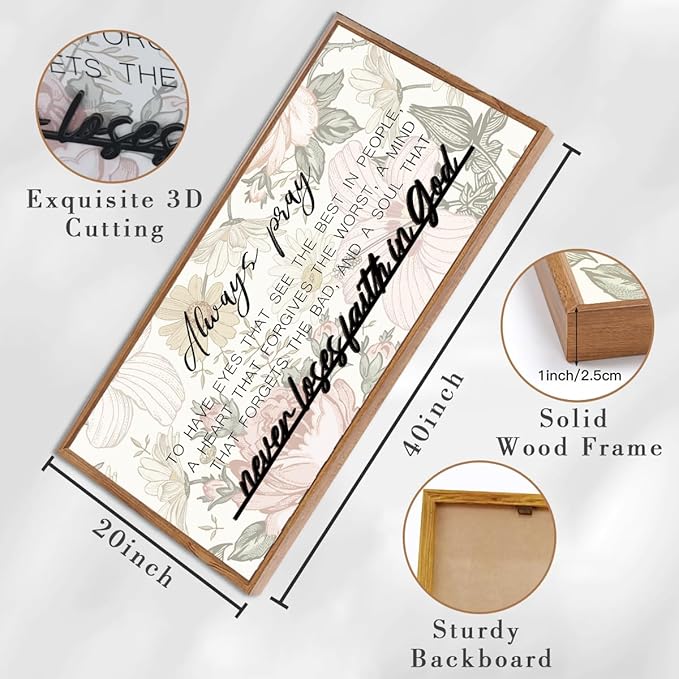 ANHUIB Large 3D Quote Wood Wall Art 20x40 Inch Framed Wooden Signs Home Decor Never Loses Faith in God Inspirational Artwork Floral Wall Art for Living room Bedroom Office