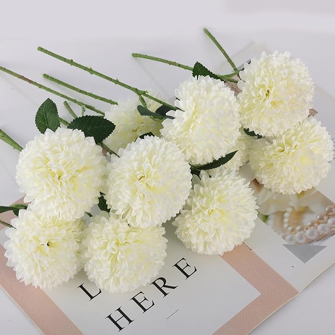 Hananona 12 Pcs Artificial Chrysanthemums Flowers Ball Flower, Fake Mums Flowers White Silk Flowers for Spring Home Decor Indoor Floral Arrangement Table Centerpiece (12, White)