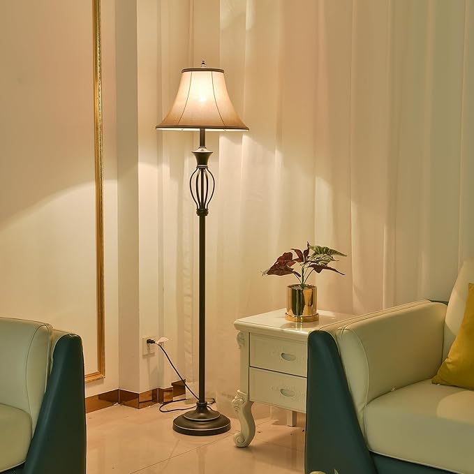 3 Pack Lamp Set, Living Room Light Set of 3, Floor and Table Lamp Set in Black Finish with Vintage Brown Fabric Light Shades, 26" and 61"(H), Solid Iron