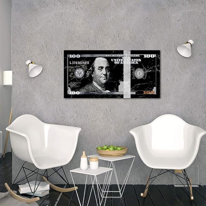 Inspirational 100 Dollar Wall Art Benjamin Franklin Black and white Graffiti Money Canvas Office Home Wall Art Inspired Motivational Wall Decor for Gym Coffee Shop Wooden Framed Easy to Hang-32"Wx16"H