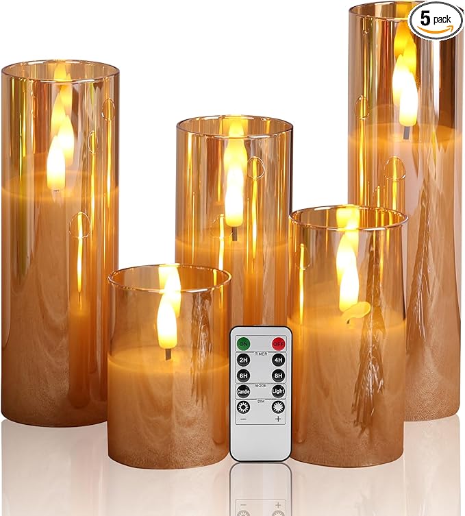 Eywamage 5 Pack Gold Glass Flameless Candles with Remote, Flickering Slim Tall LED Pillar Votive Candles Battery Included