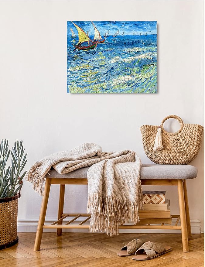 DECORARTS - Fishing Boats At Sea, Vincent Van Gogh Art Reproduction. Giclee Canvas Prints Wall Art for Home Decor 20x16