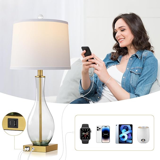 Table Lamps Set of 2 with Touch Control, 27" Bedside Desk Lamps for Nightstand Decorations, 3-Way Dimmable Modern Glass Table lamp with USB C and A Charging Ports, Gold (LED Bulbs Included)