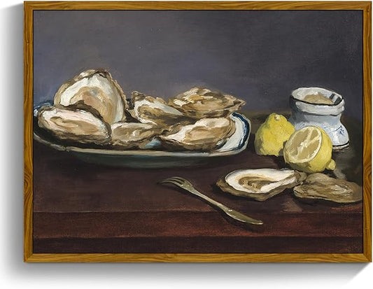 crmotu Vintage Framed Wall Art, Oysters and Lemon Kitchen Decor Painting, Still Life Artwork Canvas Prints, Rustic Farmhouse Wall Decor Living Room Dining Room Tabletop Aesthetic Pictures 8x10in