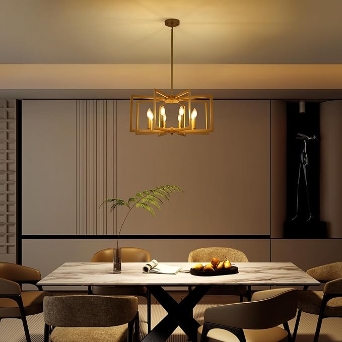 8-Light Modern Farmhouse Gold Geometric Chandelier, Large Industrial Metal Kitchen Light Fixtures, Rustic Cage Hanging Lights for Dining Room Entryway Foyer Living Room Stairway