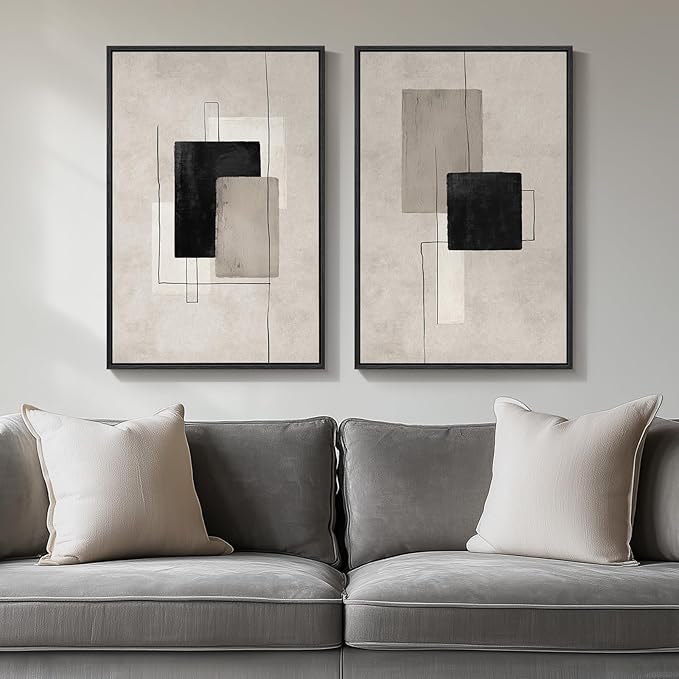 Framed Neutral Abstract Wall Art Set of 2, Black Beige Modern Canvas Prints Paintings Artwork for Walls, Minimalist Block Lines Pictures for Living Room, Dining Room, Bedroom Wall Decor 16x24 In