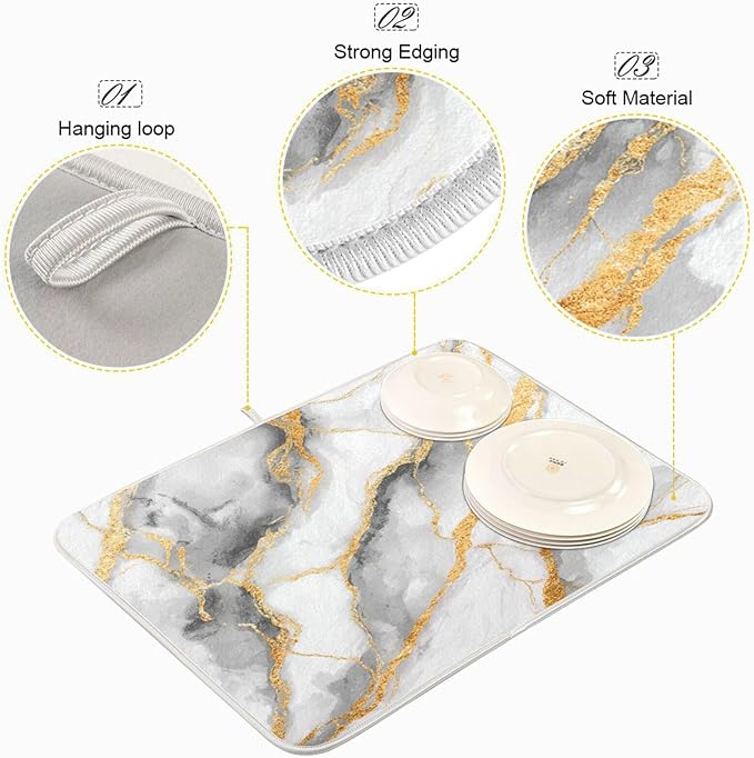 White Marble Dish Drying Mat for Kitchen Counter 16 x 18 Inch Gold Marbling Granite Absorbent Microfiber Dry Dishes Mats Drainer Mat Dish Drying Pad for Countertops