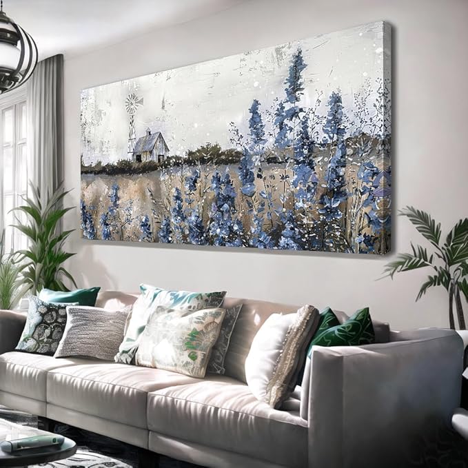 Wall Art Vintage Farmhouse Canvas Print Retro Countryside Flower Field Nature Meadow Landscape Rustic Windmill Barn Picture Framed Artwork for Home Bedroom Living Room Black Purple 48x24in