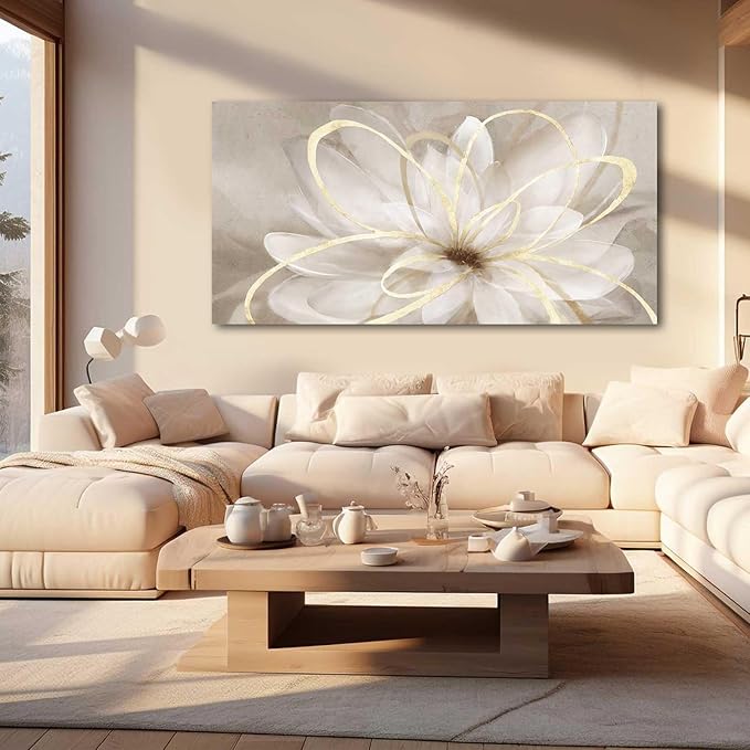 Kureful Gold Wall Decor Floral Canvas Wall Art Flower Pictures for Wall Grey Background Office Wall Decorations 24"x48" Art for Home Kitchen Hotel