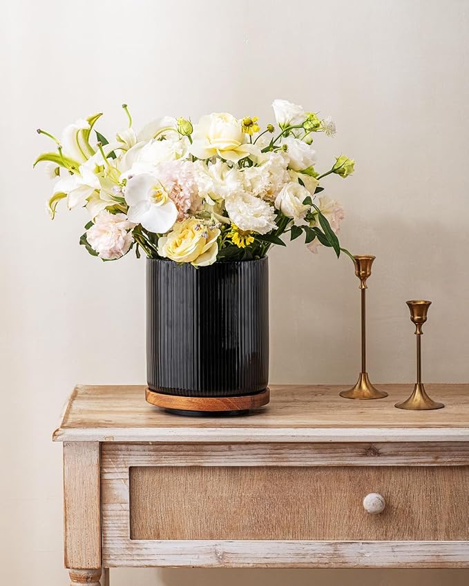 getstar 360° Rotating Large Kitchen Utensil Holder, Ceramic Cooking Utensil Holder for Kitchen Counter with Rotatable and Detachable Wooden Base (Black)