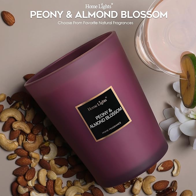 HomeLights Premium Scented Candles - 33.3 oz Natural Soy Wax, Aromatherapy for Home, Long Lasting Smokeless, 130 hrs Burn Time, 3 Cotton Wicks, Gifts for Women & Men - Peony & Almond Blossom