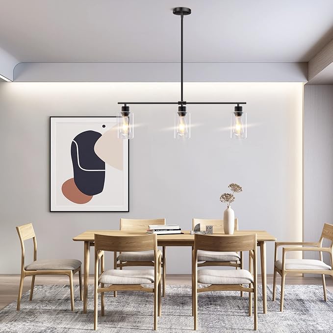 Kitchen Island Lighting, 3 Lights Linear Chandeliers Rectangle Pendant Light Fixtures for Dining Room Farmhouse Hanging Light with Glass Shades(Black)