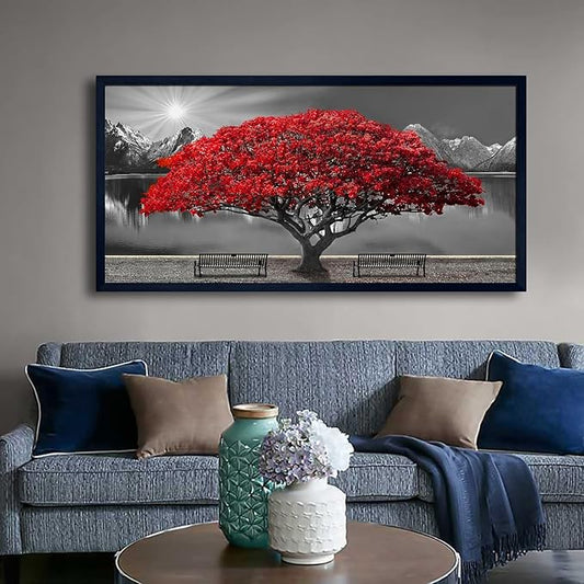 Black and White Red Tree Wall Art Canvas Print Picture Large Red Tree Landscape Modern Artwork for Living Room Bedroom Office Home Wall Decor With Frame 29X58inch Black Framed