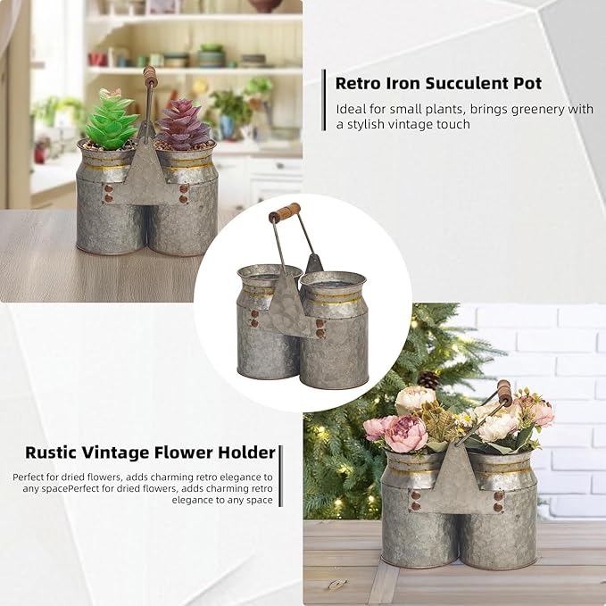 Set of 2 Rustic Galvanized Metal Planters, Flower Vases for Dried Flowers or Succulents, Farmhouse French Country Buckets for Wedding, Office, Home Decor, 8x4x6.75 Inch