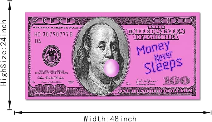 Large Size 1 Big Panel Motivational Money Art Print Dollars Canvas Office Wall Decor Funny Franklin 100 Dollar Money Wall Money Never Sleeps Artwork Pink Money Pop Art Framed Easy to Hang-48 inch x 24 inch
