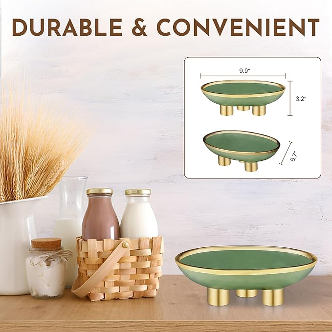 Ceramic Fruit Bowl – 10” Green Decorative Bowl for Kitchen Counter – Modern Pedestal Bowl, Fruit Bowls, Catch All bowl, and Fruit Basket for Kitchen Counter