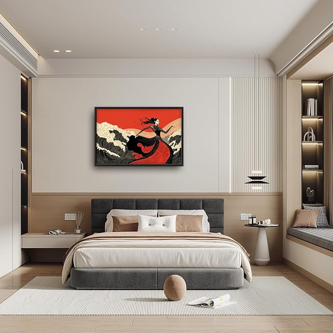 Flintis Large Black White and Red Dancer Framed Wall Art Woman Dancing Waves Pictures Wall Decor Abstract Canvas Painting Print Artworks Framed for Living Room Bathroom Master Bedroom 36L X 24W